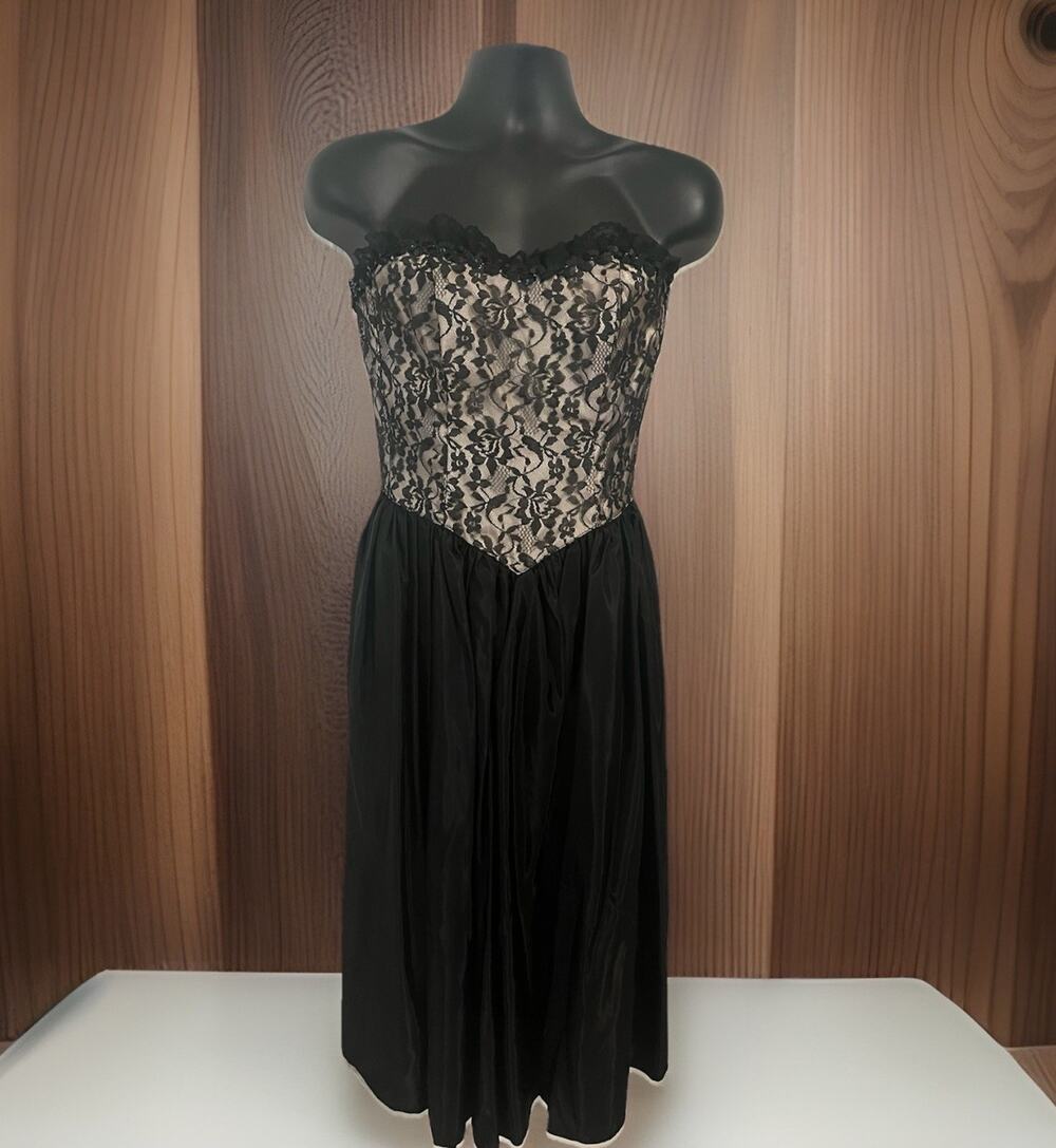 VTG 90s Y2k Gunne Sax Strapless Dress Lace Sequin Corset Black Satin Prom Goth 9